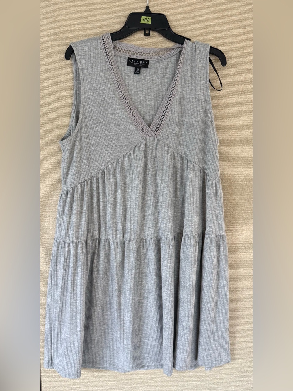 Laundry By Shelli Segal Light Gray Ribbed V-Neck Tank Dress with Lace Trim